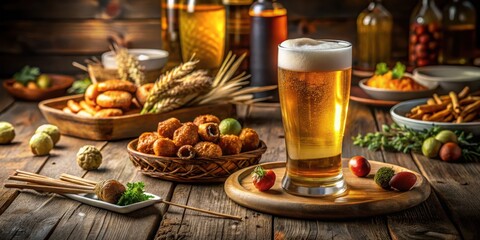 Fototapeta premium A Refreshing Pint of Beer Surrounded by an Array of Savory Snacks and Garnishes on a Rustic Wooden Table