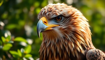Fototapeta premium Golden eagle close up, focused gaze, feather details, greenery behind