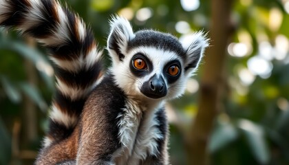 Portrait of a ring tailed lemur, showcasing his intense golden eyes, striking black and white fur markings, and his alert expression, softly blurred tropical foliage behind him