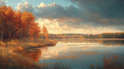 Fototapeta premium Peaceful autumn landscape with golden trees reflecting on a calm lake under a dramatic cloudy sky in nature