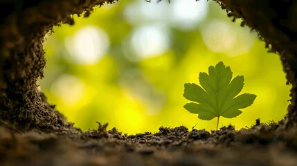 Green Leaf Sprouting From Soil Hole With Bright Yellow Bokeh Background