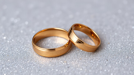 Two gold wedding bands on textured glitter
