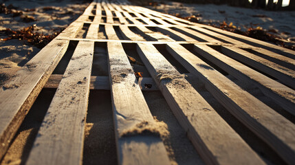 Golden sunlight illuminates a wooden slatted boardwalk along the beach, surrounded by sandy terrain and seaweed