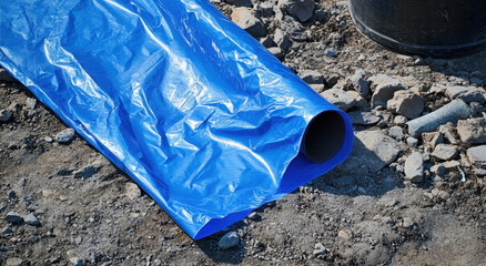 Blue tarp unfolds on uneven terrain, adjacent to a cylindrical item, indicating possible construction or maintenance activity