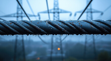 Metal cable glistens with raindrops against a backdrop of power towers under overcast skies, showcasing its essential role in energy transport