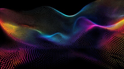 Abstract colorful wave of particles on black background.