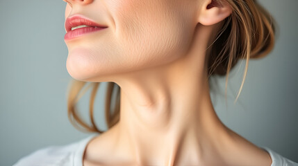 A woman and her thyroid gland, which may be affected by diseases such as goiter, hyperthyroidism, hypothyroidism, tumors or cancer.