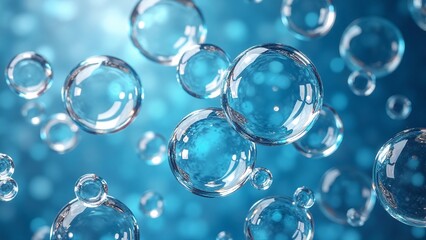 Floating Bubbles in Clear Blue Water with Soft Light Reflections