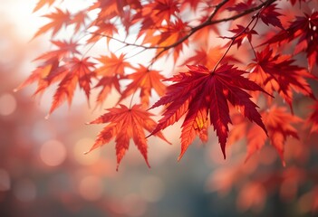 Crimson Canopy: Radiant Red Maple Leaves Bathed in Golden Autumn Light