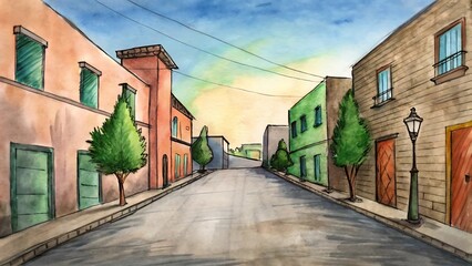 Obraz premium Vibrant Watercolor Street Scene with Colorful Houses and Lush Trees Perfect for Illustrative Art and Urban Aesthetics