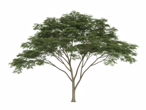 A large tree with green leaves is the main focus of the image. The tree is standing tall and is the only object in the scene. The white background emphasizes the tree's size