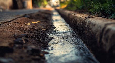 Fototapeta premium Iron water pipe is visible along the side of a dirt path, with water flowing through it as sunlight filters through nearby vegetation