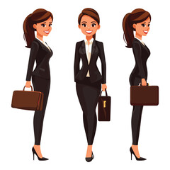 set of Business woman holding a briefcase, smiling, Flat style cartoon vector illustration