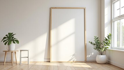 Modern Minimalist Interior with Empty Frame and Plants in Sunlight