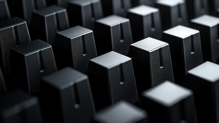 Close-up of many dark gray square blocks with tapered tops, in a grid pattern,  background of similar blocks