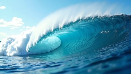 Dynamic Blue Ocean Wave Crashing Against Serene Sky Background