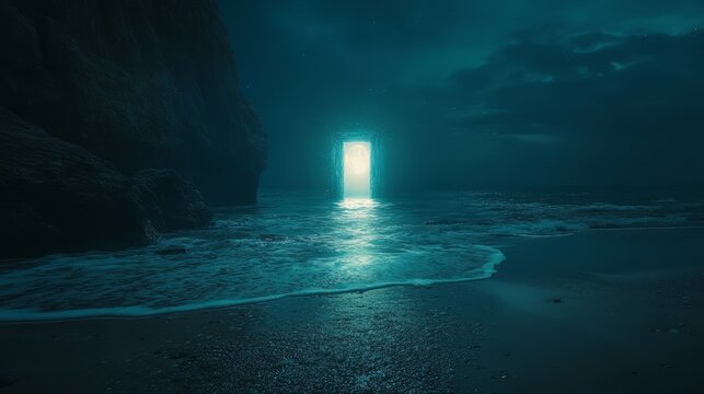 A portal opening on a dark beach at night, with moonlight reflecting off the ocean and glowing from within