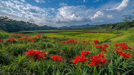 Vibrant Red Flowers in a Lush Green Field Under a Blue Sky