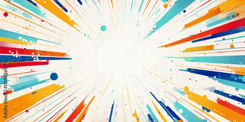 Poster abstract colorful burst of lines and dots radiating from the center in a dynamic composition suitabl