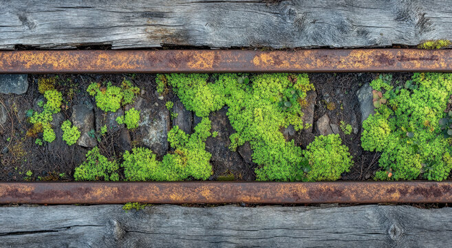 Close-up view of rusted railroad tracks partially covered in bright green moss, showing nature taking over the abandoned infrastructure