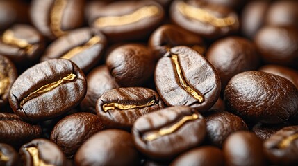 Fototapeta premium Close-up coffee beans, roasted, dark brown, golden highlights
