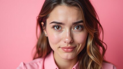 Fototapeta premium Young Woman with Long Hair and Warm Smile Against Pink Background