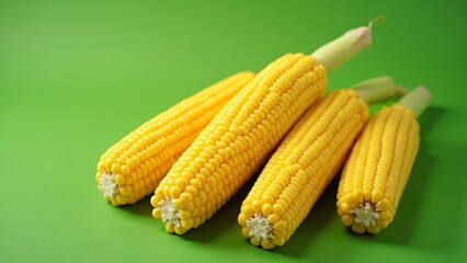 Fresh and Bright Yellow Corn on Cobs with Green Background