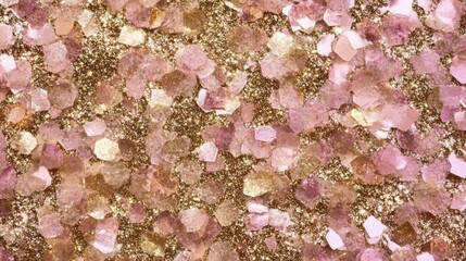 Glimmering particles of pink and gold glisten together, resembling crushed gemstones spread across a surface, inviting admiration and curiosity in a bright setting