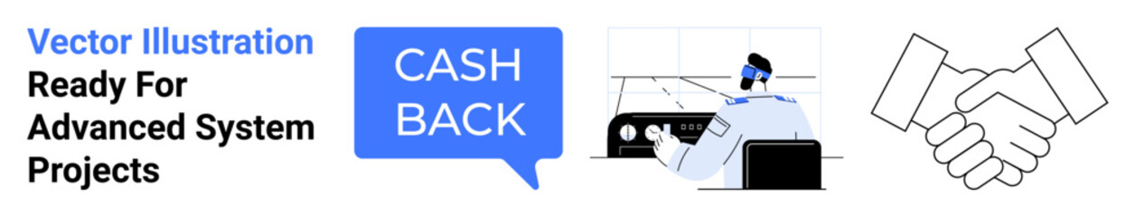 Cashback speech bubble, handshake symbolizing collaboration, employee at control panel. Ideal for finance, e-commerce, partnerships, corporate solutions, digital marketing, technology customer