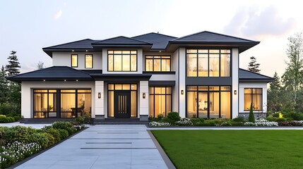Luxurious modern house with large windows, stylish exterior, and manicured lawn at dusk.