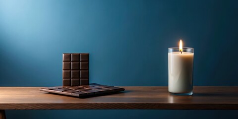 Serene Still Life Chocolate Squares and a Lit Candle on a Wooden Shelf Against a Dark Teal Background