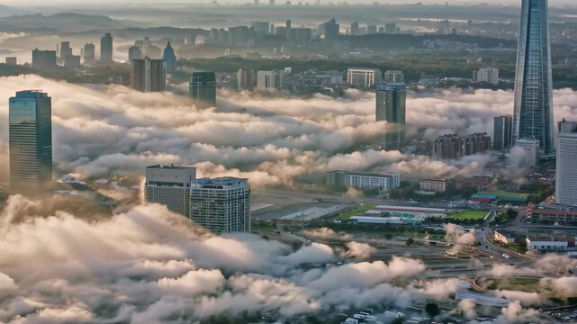 Aerial view of urban skyscrapers poking through clouds at sunrise. concept of urbanization, architecture, atmospheric phenomena, cityscape beauty