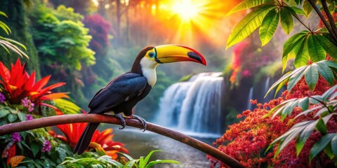 A vibrant toucan perched on a branch, overlooking a cascading waterfall in a lush, tropical paradise, bathed in the golden light of sunrise