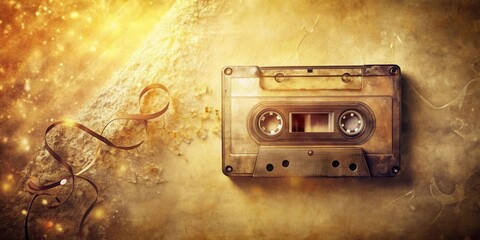 A nostalgic audio cassette tape rests on a textured golden surface, accompanied by a faded ribbon, evoking memories of a bygone era of music and sound recording.