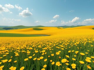Obraz premium A panoramic view of a vast expanse of golden yellow poppies stretching across the rolling green hills and sky, floral, fields, golden