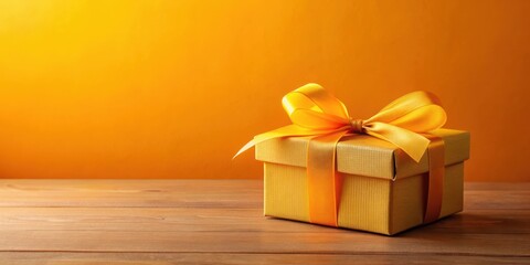 A golden gift box with a vibrant yellow ribbon sits on a wooden surface against a sunny background, ready to be presented.