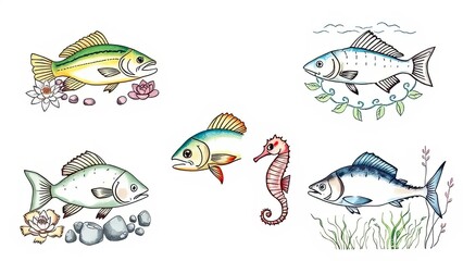Colorful Fish Illustration Sea Life Aquatic Animals Marine Art