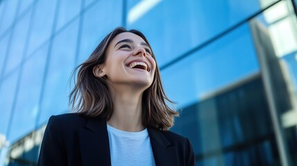 Confident Businesswoman in Professional Attire Smiling at Sky, Front of Modern Glass Office Building, Symbolizing Progress and Future Success