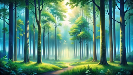 Serene Woodland Path Sunlight Illuminates a Mystical Forest, Where Lush Greenery and Tall Trees Create an Enchanting Atmosphere