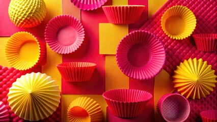 Vibrant Colorful Baking Cups and Decorative Elements Arranged in a Striking Abstract Composition
