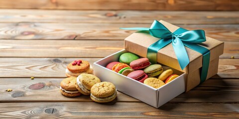 A Gift Box Filled with Delightful Macarons and Sweet Cookies on a Rustic Wooden Table