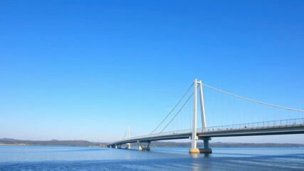 Obraz premium A pedestrian bridge stands out against a clear blue sky with a calm lake in the background, scenic view, nature photography
