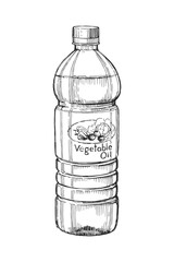 Vector hand-drawn illustration of a bottle of vegetable oil. Black and white sketch of cooking ingredient.