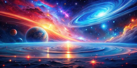 A Vibrant Celestial Seascape Planets, Nebulae, and a Cosmic Ocean at Sunset