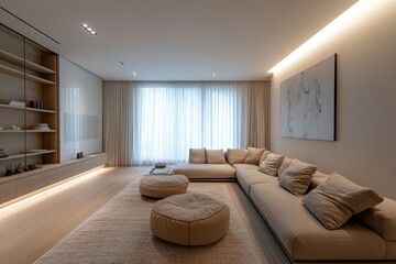 Modern minimalist living room with beige sofa, large windows, and built-in shelving.