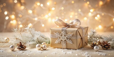 A Festive Gift Wrapped in Elegant Gold Paper with a Delicate Snowflake Ornament, Adorned with a Sparkling Ribbon, and Surrounded by Festive Decor