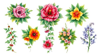 Watercolor Floral Arrangements Pink Orange Yellow Flowers Botanical Illustration Garden Design