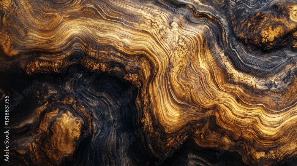 Poster Swirling patterns of rich golden and dark hues showcase the natural design of wood, capturing the viewer's attention with elegant textures and fluid forms reminiscent of flowing lava or abstract art