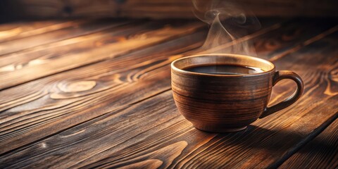 Aromatic Dark Coffee in Rustic Wooden Mug on Brown Table