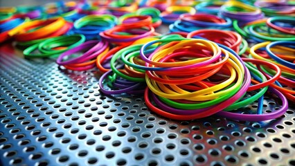 A vibrant collection of colorful elastic bands arranged on a perforated metallic surface, showcasing a spectrum of hues and textures.